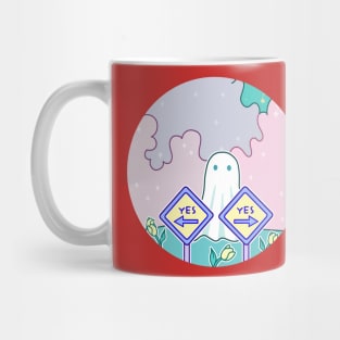 A ghost asking Yes or yes? in a tulips meadow Mug